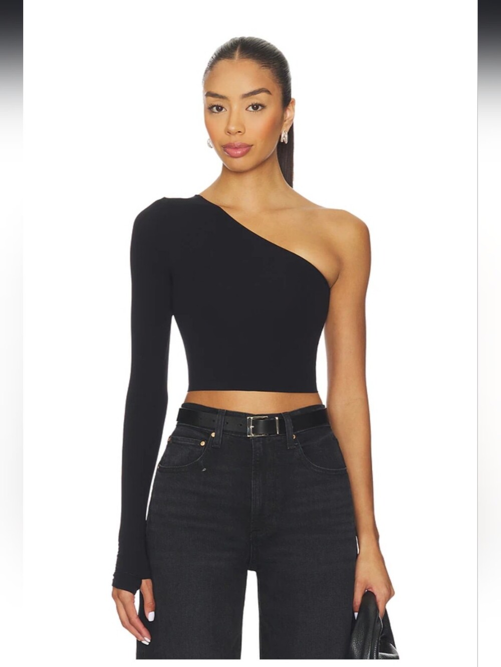 Ballet Body One Shoulder Crop Top With Thumbhole in Black
